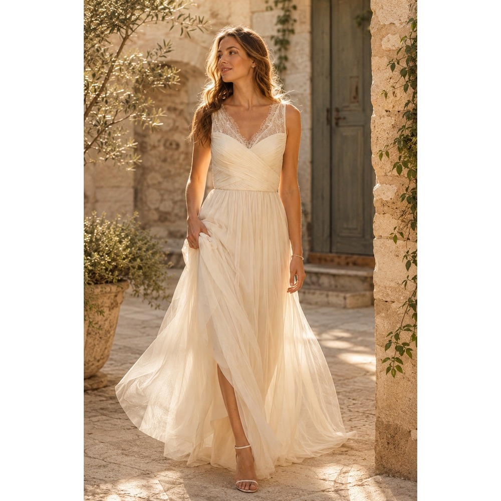 BHLDN Hitherto FLEUR Women 4 Ivory Tulle Lace Maxi Dress ANTHROPOLOGIE